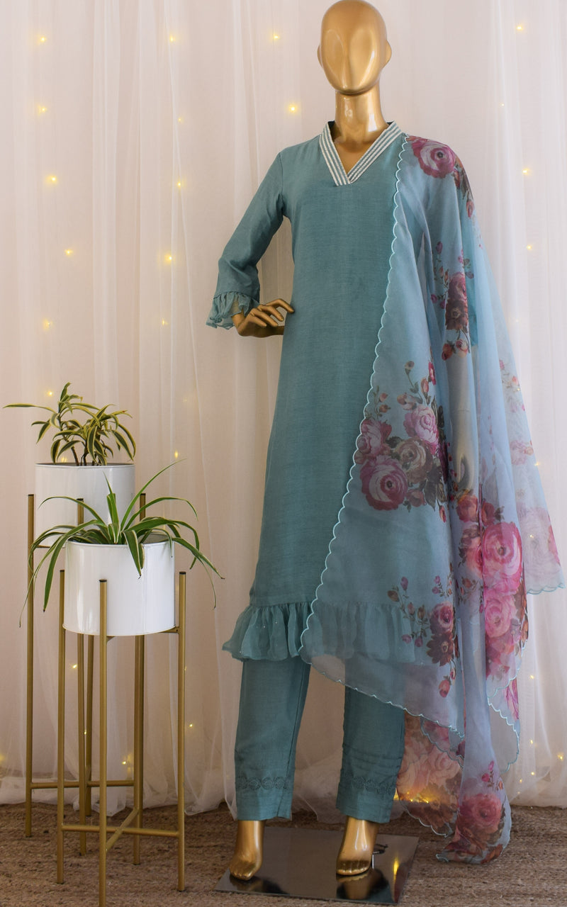 Vintage Blue Kurta Set with Floral ...